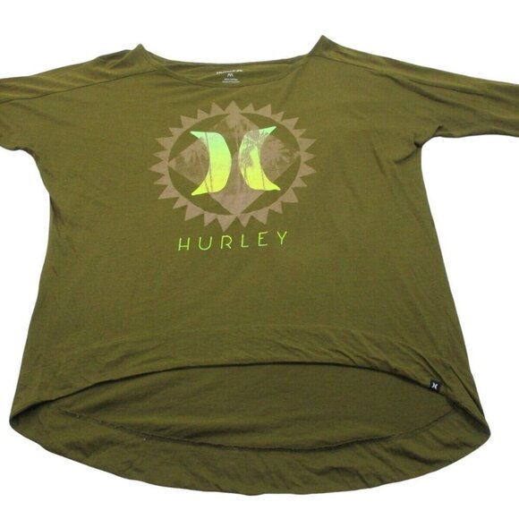Hurley Tee Shirt Men Medium Green Short Sleeve Spell Out Logo Crew Neck High Low - Picture 1 of 9